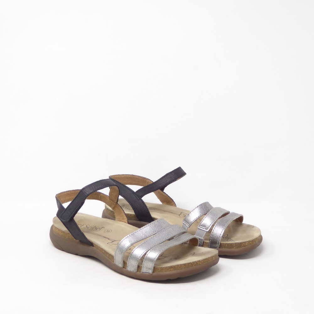 Josef Seibel Riley 01 Sandals Silver Black Metallic Strappy Flat 38 / 7-7.5